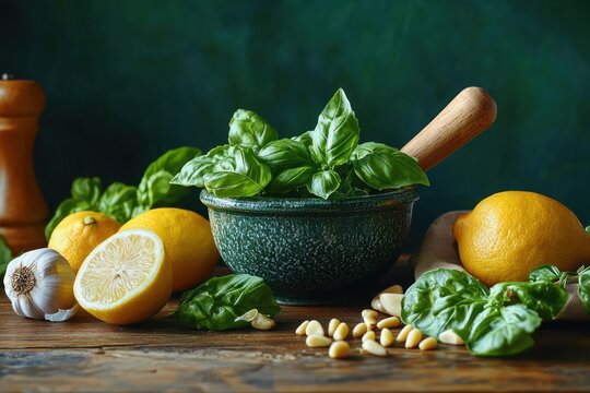 Fresh basil overflowing a mortar with wooden pestle, surrounded by lemons, halved lemon, garlic bulb and scattered pine nuts on a rustic wooden table, evoking bright fragrant homey warmth