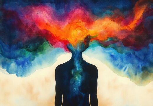 Dark silhouette of a person with a vibrant multicolored cloud erupting from the head, evoking a powerful sense of creative awakening, imagination, and emotional intensity