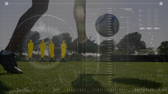 Vertical video: Male player placing foot beside ball, doing dribbles for soccer drill, HUD tracking