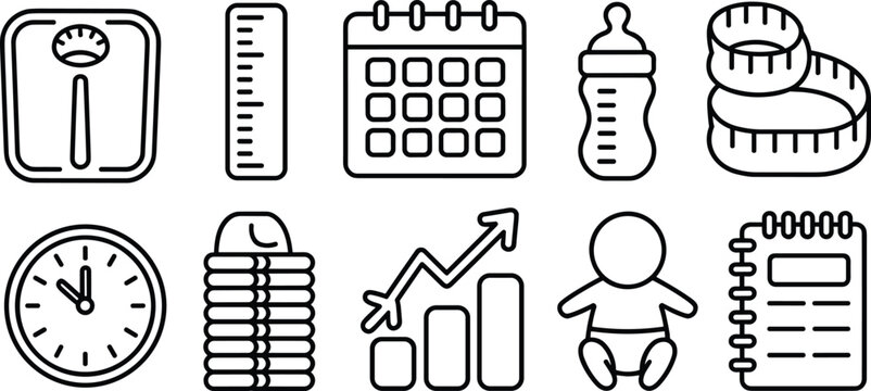 Baby growth and health tracking line icon set featuring scale bottle calendar tape measure and infant development symbols,