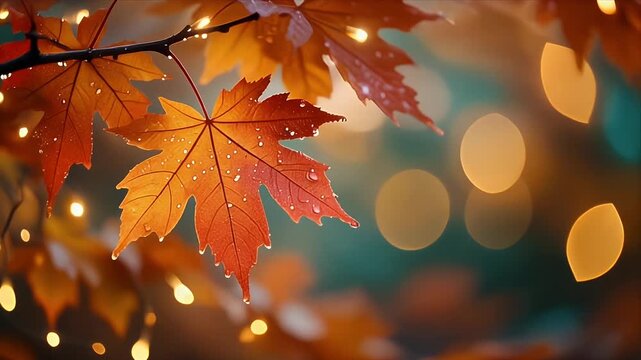 Autumn Maple Leaves with Water Droplets and Bokeh Lights