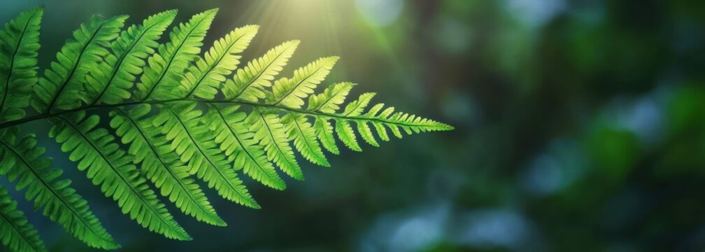 Sunlit fern frond with delicate green leaflets and soft bokeh background, peaceful and refreshing