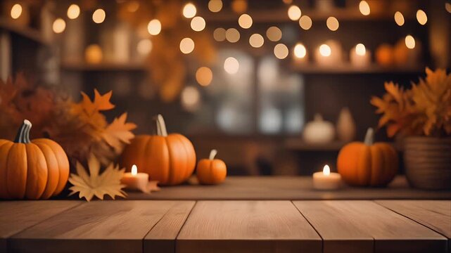 Autumn Harvest Display with Pumpkins, Leaves, and Twinkling Lights