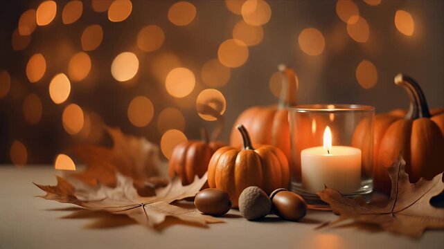 Autumn Still Life with Pumpkins, Candle, and Oak Leaves, Warm Bokeh Lights