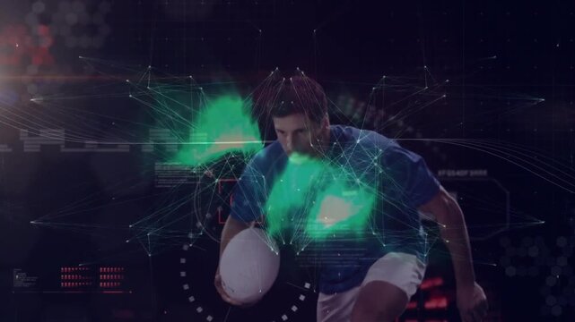 Male athlete entering causing sports hologram scanning form, forming green heatmap wings, running