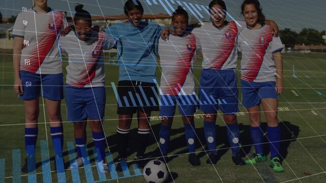 Camera lifting, six female soccer players posing on pitch, HUD rippling over faces for portrait