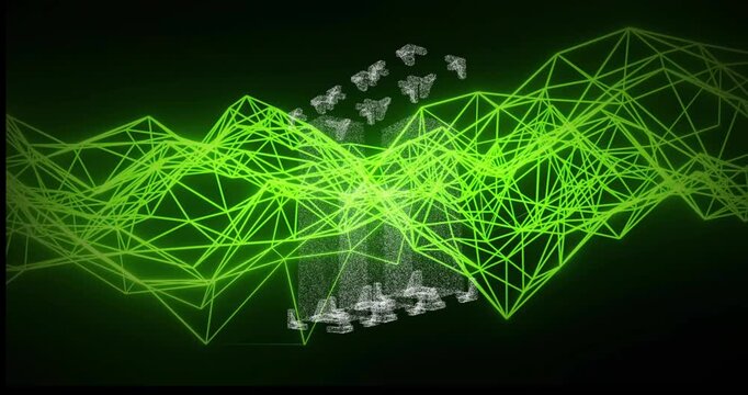 Neon-green wireframe sweeping, exposing point-cloud tower and floating fragments, scanning data