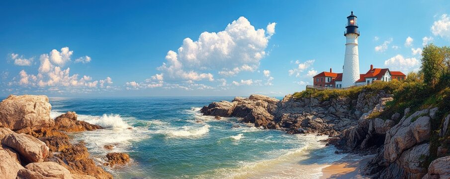 Sunlit white lighthouse and red-roof keeper cottages on a rugged rocky coastline with crashing waves, sandy cove, azure sea and fluffy clouds evoking calm and awe