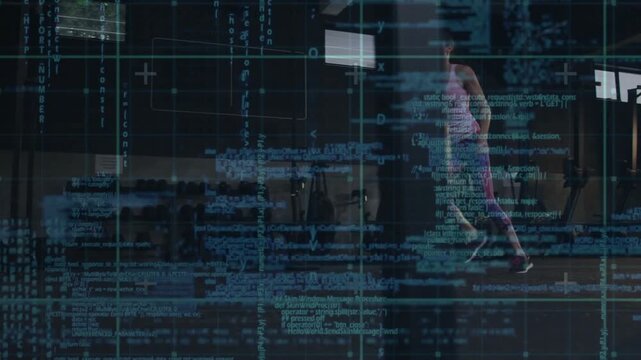 Woman starting crouched, rising, stepping, touching floor, skipping with blue code overlay to train