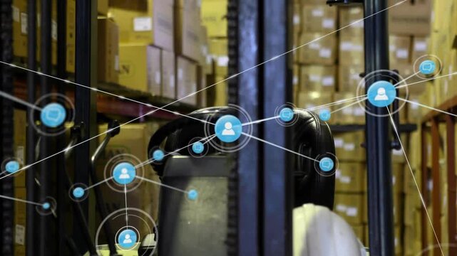 Blue network icon appearing, pulsing over parked lift and hard hat, linking nodes, showing assets