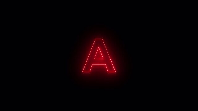 glowing neon red Alphabet animation of letter 'A' on black screen  ,Letter concept. glowing loop neon alphabet letter with alpha channel  in black background in 4K animation 