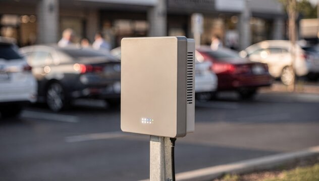Medium view of a roadside edge computing unit near a mall parking lot emphasizing compact design and status lights while parked cars and shoppers remain out of focus in the