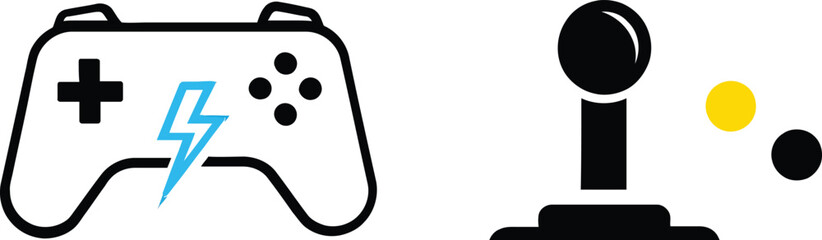 Gamepad with lightning bolt and classic joystick controller icons for gaming hobby © Rasel475
