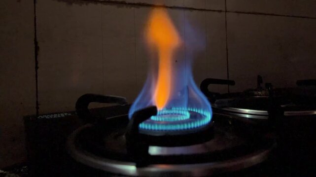 A gas stove burner with a blue and orange flame during the ongoing LPG crisis and rising cooking gas concerns