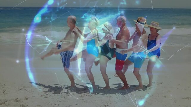 Leader starting conga for leisure six seniors marching on beach as glowing globe around group