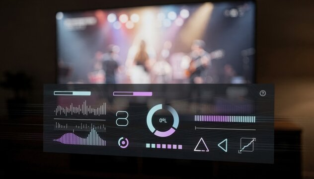 Live show blurred behind a sharp onscreen overlay displaying realtime streaming bitrate and buffering performance in a modern dark UI.