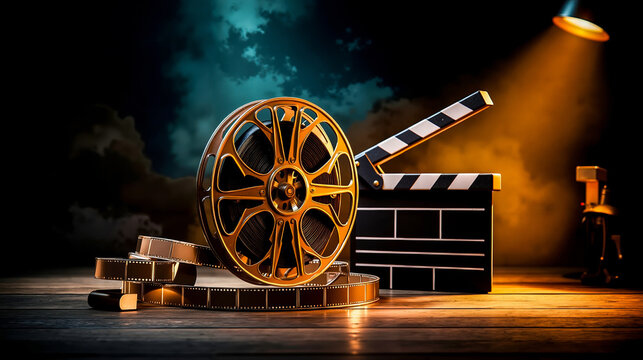 A clapper board film reel and film strip on a wooden table