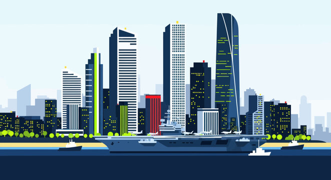 Modern Aircraft Carrier in Futuristic City Skyline with Ships
