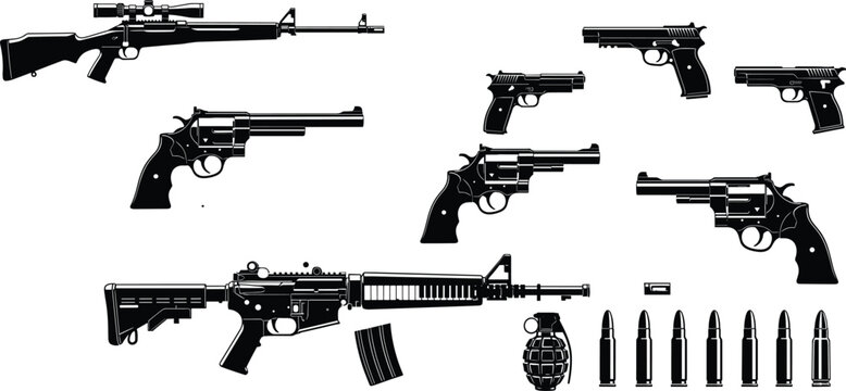 Set of gun vector illustrations featuring black military rifle and pistol silhouettes isolated on white including sniper firearm and automatic machine handgun designs for army or shooting sport graphi