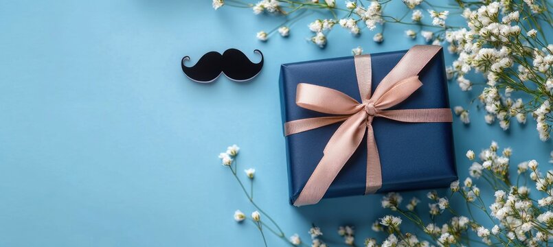 navy blue gift box with pink ribbon, black paper mustache and delicate white baby's breath flowers on a soft blue background, playful celebratory mood