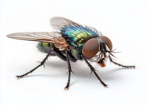 close-up of an iridescent green bottle fly with large compound eyes, translucent wings, bristly legs, fine hairs and an alert stance on a white background