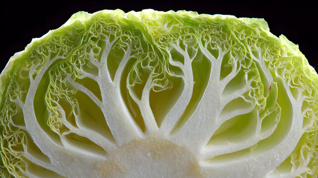 Crisp pale green celtuce cross section macro showing intricate vein structure and translucent layers with soft lighting and botanical texture