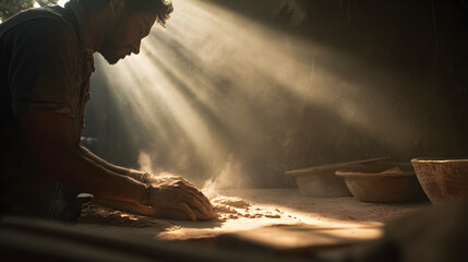 Fototapeta premium Man kneads dough on wooden table in dusty sunbeams, warm cinematic documentary mood capturing hands, flour particles, and rustic workspace