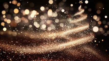 Naklejka premium Christmas tree silhouette made of gold sparkles and blurred lights against dark background. Abstract festive greeting card design for winter holiday celebration and magical eve season.