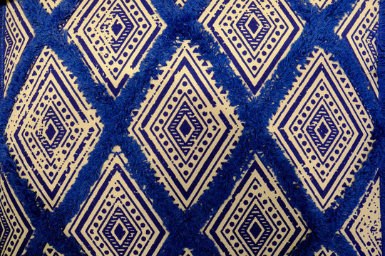 Paris, France, EU  Blue and white Moroccan textile in a geometric pattern