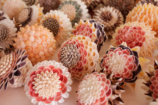 Zihuatanejo, Mexico. Handmade shell flowers colorful decorative artisan craft pattern