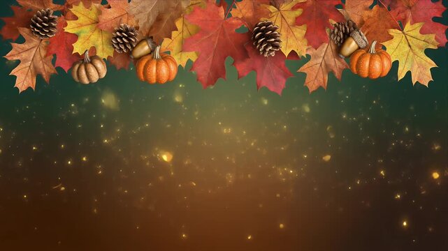 Autumn Harvest Display with Pumpkins and Pinecones on Dark Background