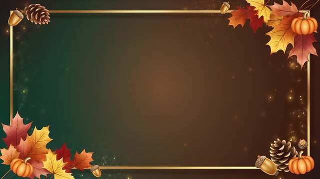 Empty Gold Frame with Autumn Leaves and Pinecones on Dark Green Background