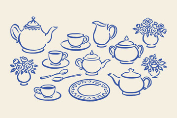 Tea set with cups and roses outline sketch vector illustration