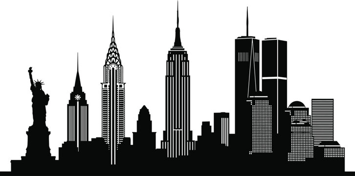 A black silhouette vector illustration of the iconic New York City skyline featuring urban skyscrapers and landmark architecture from the downtown business district of this famous USA city