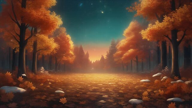 Autumn Forest Path with Golden Leaves and Misty Sunlight in Dreamy Landscape