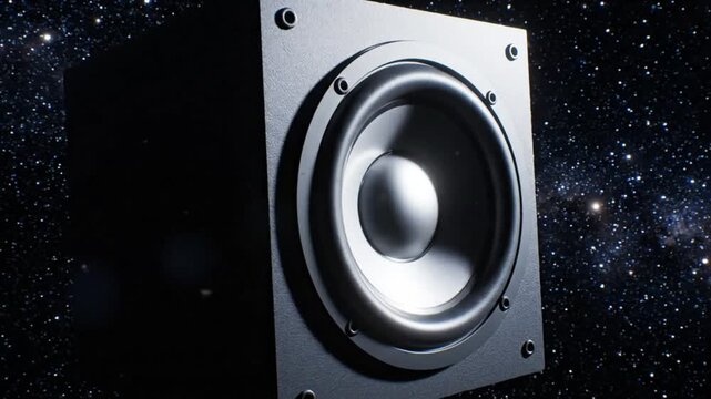 Subwoofer speaker moving with low frequency sound against the space background, close up.