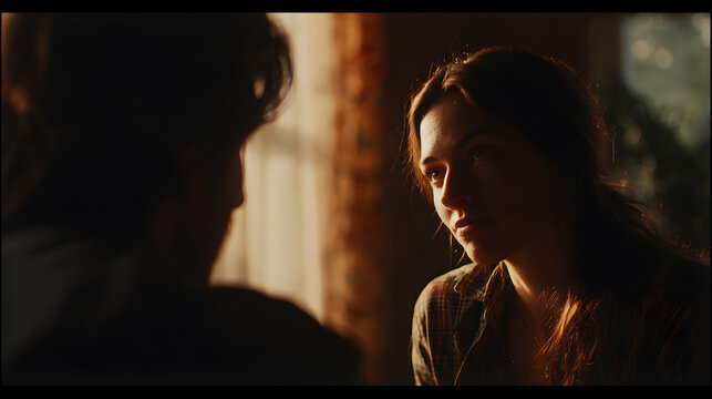 Warm cinematic film style shot of intimate conversation between two people in soft window light, subtle emotional expression
