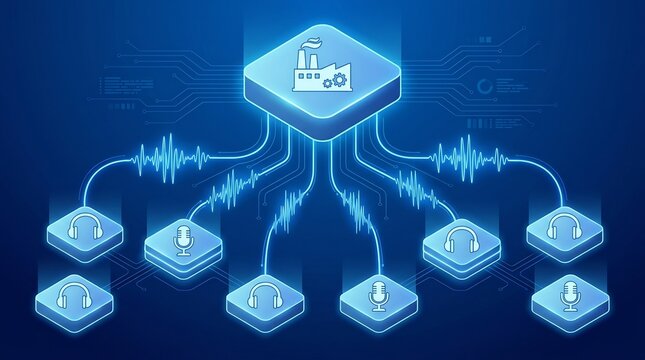 Digital schematic illustrates a central factory icon distributing data signals via audio waveforms to multiple connected headset icons below.