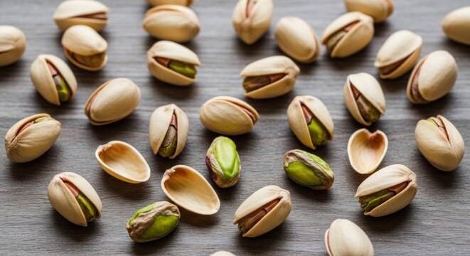 A collection of pistachios on a wooden surface, with some shells open and some closed, and some pistachios inside the shells.