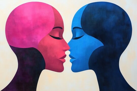 Two abstract human profiles in pink and blue face each other against a pale beige background