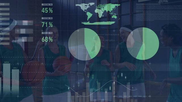 Vertical video: Data animating five women posing on court holding balls, teal jerseys white shorts