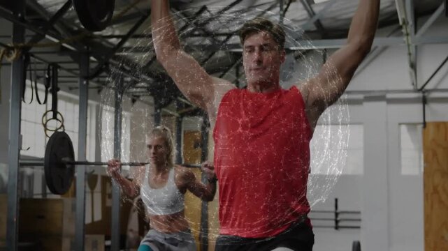Vertical video: Man stepping to lunge pressing up strength pair lunging orb overlay showing barbell