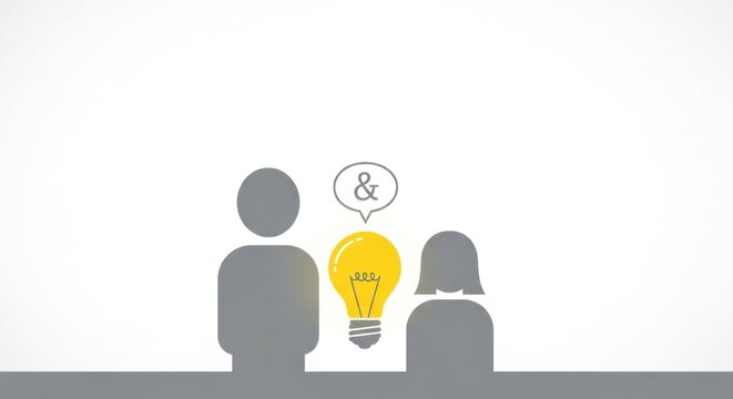 Two silhouetted figures, one male and one female, sitting side by side with a yellow light bulb between them, with speech bubbles containing symbols and text.