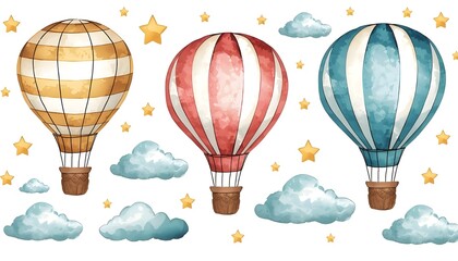 Obraz premium Colorful hot air balloons flying in the sky with clouds vector illustration