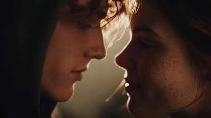 Fototapeta premium Intimate closeup of two faces about to kiss, warm cinematic light, soft skin texture, romantic moment