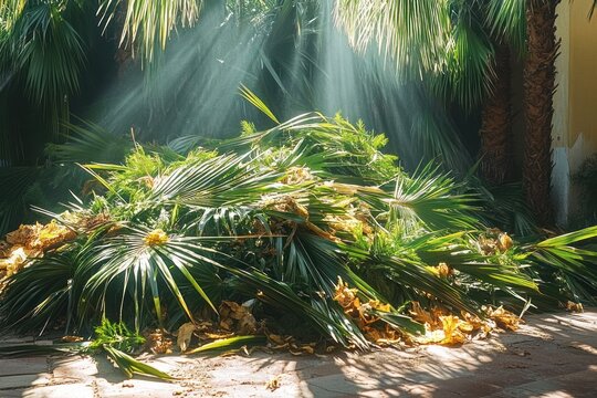 sunlit pile of trimmed palm fronds and dried leaves on a tiled courtyard floor beneath tall palm trees, sun rays filtering through the canopy creating a peaceful, tranquil scene