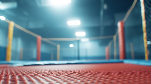 Indoor trampoline park safety netting and red surface close up