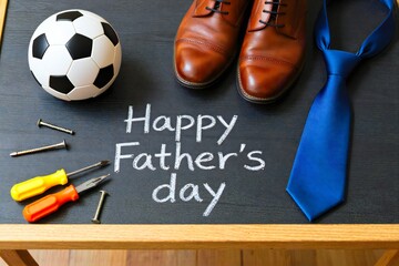 Father's Day Message on Blackboard with Tie, Shoes, and Soccer Ball