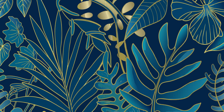 Elegant tropical leaves and floral elements in a seamless pattern