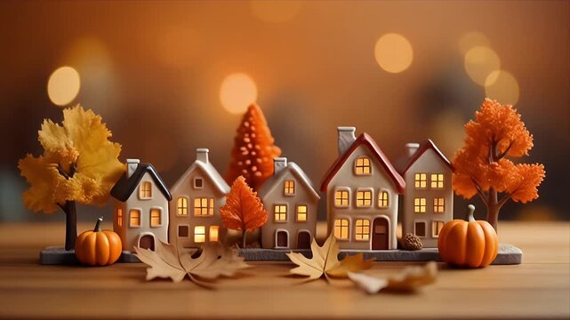 Cozy Autumn Village Diorama with Lit Houses and Fall Foliage in Warm Glow